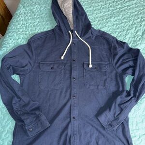 American Eagle Outfitters Navy Hooded Button-Up Shirt Size Medium